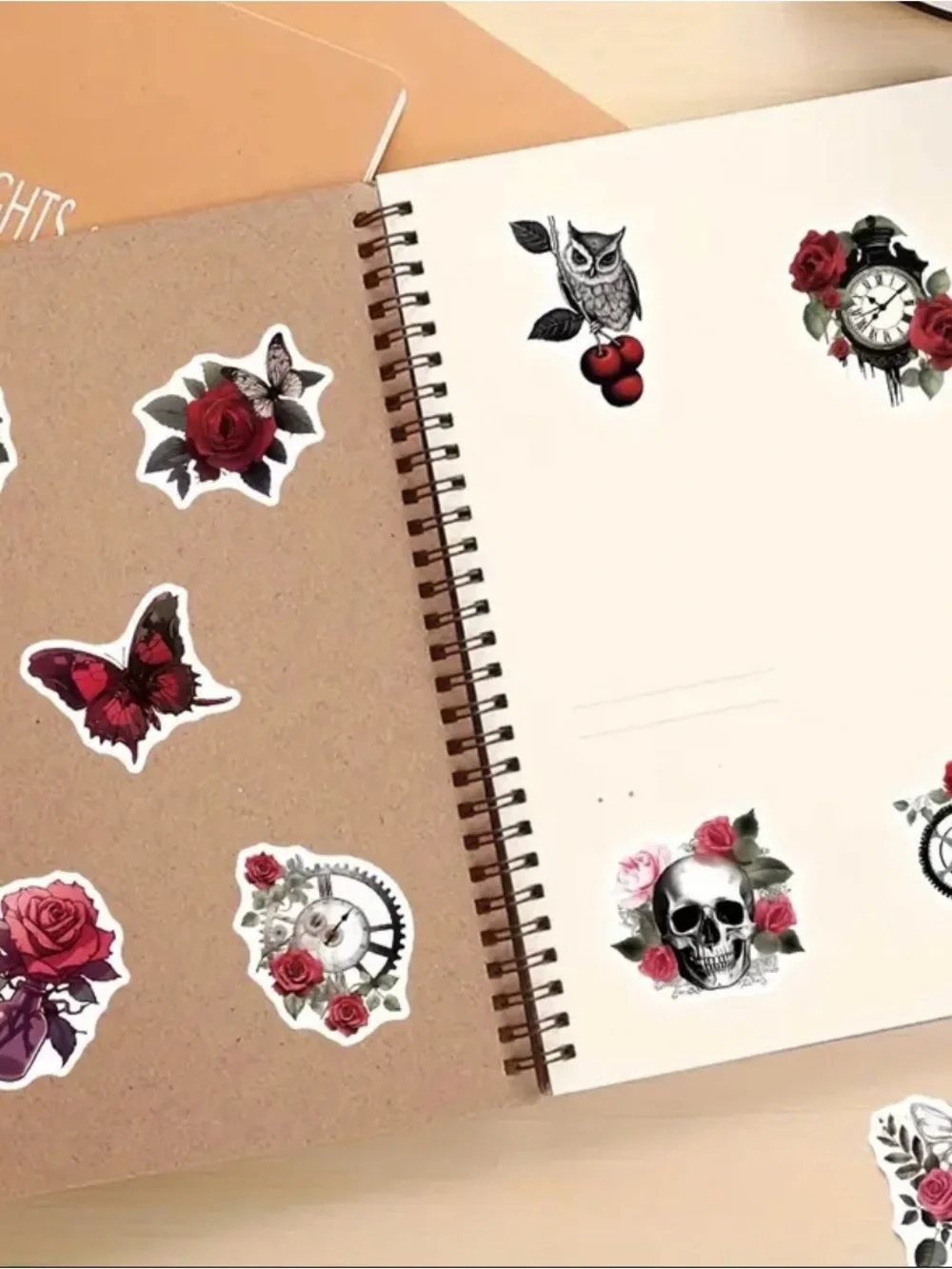 50 Gothic Vintage Skull & Rose Stickers Halloween Black Red Skeletons Flowers